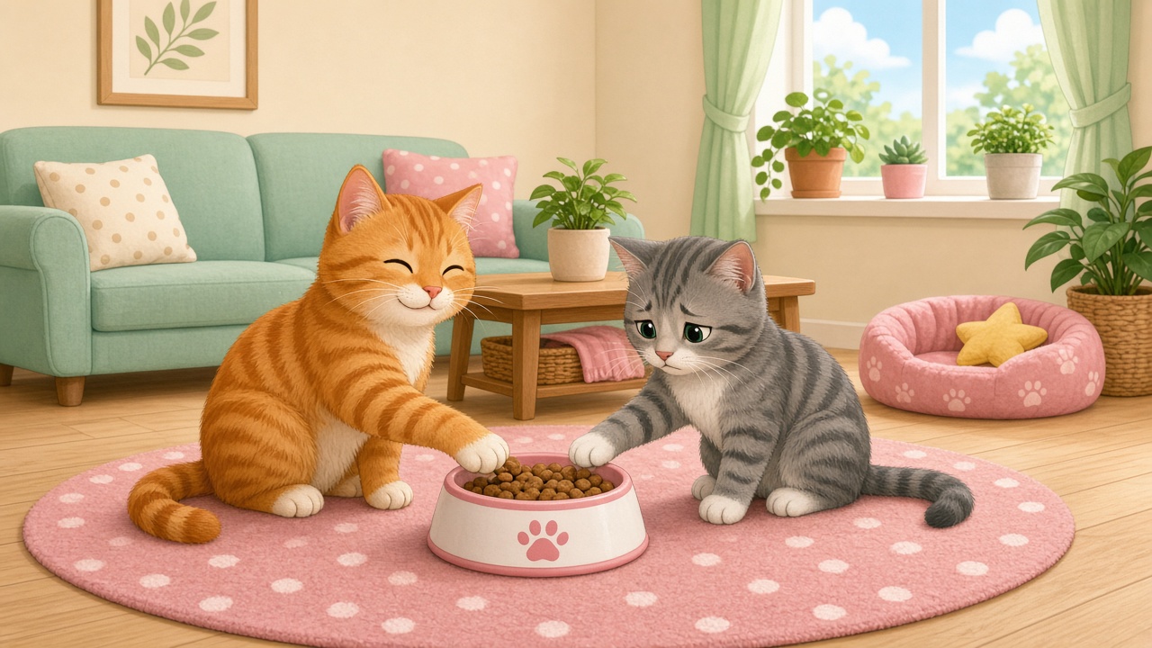 Two cats competing over one shared food bowl in a living room